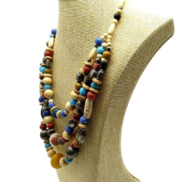 Statement Necklace 3 Strand  Nickle-free Metal, Resin, Glass and Wood beads 18" - Picture 6 of 9